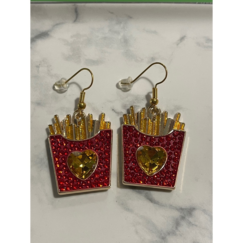 French Fries Sparkly Rhinestones Dangle Red Gold Earrings Heart  New